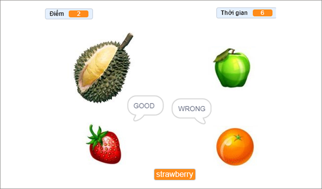 Màn hình trò chơi: 4 hình trái cây (sầu riêng, táo, dâu tây, cam), từ strawberry hiển thị ở dưới; góc trái là Điểm, góc phải là Thời gian; các nhãn GOOD và WRONG