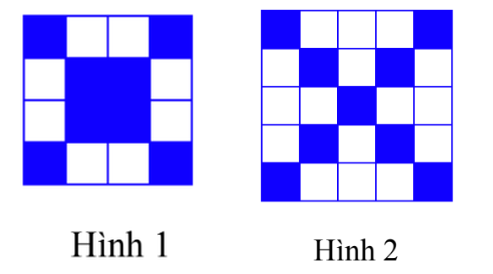 Hình 1: lưới 4×4 ô, các ô trên hai đường chéo (4 ô góc và 4 ô giữa) tô xanh; Hình 2: lưới 5×5 ô, các ô trên hai đường chéo tô xanh tạo hình chữ X