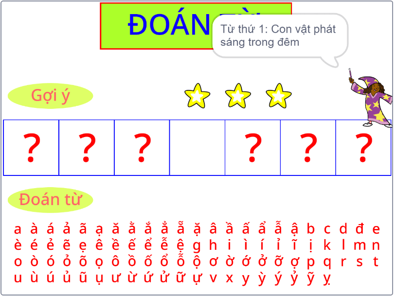 Giao diện Đoán từ: phía dưới màn hình hiện bảng 89 chữ cái tiếng Việt mở rộng (các nguyên âm có dấu thanh và các phụ âm)