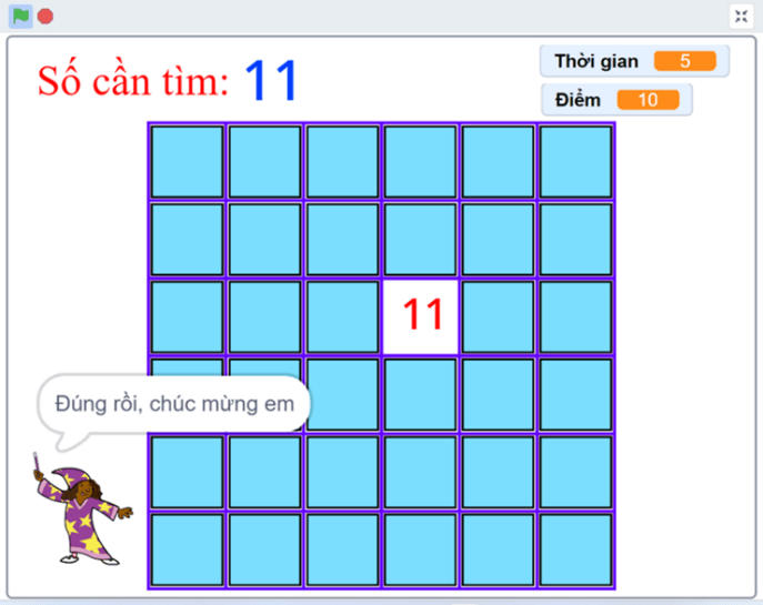 Số cần tìm 11, ô chứa số 11 được mở, giáo viên nói Đúng rồi, chúc mừng em, Điểm 10