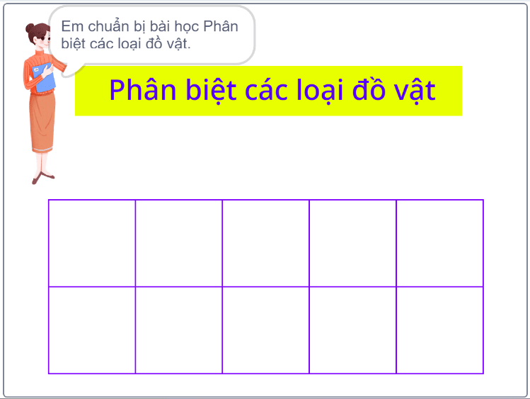 Giao diện khởi động: giáo viên nói Em chuẩn bị bài học Phân biệt các loại đồ vật, băng rôn tên chương trình, lưới 2 hàng 5 ô trống