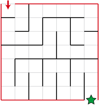 Mê cung 7 × 7 ô, các đường đậm là tường; mũi tên ở ô góc trên trái, ngôi sao ở góc dưới phải
