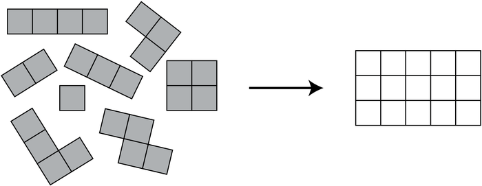 Tám mảnh ghép: thanh thẳng 4 ô, mảnh chữ L 3 ô, mảnh 2 ô, thanh thẳng 3 ô, hình vuông 2 × 2, mảnh 1 ô, mảnh chữ L 4 ô, mảnh chữ Z 4 ô; bên phải là hình chữ nhật 3 × 5 cần ghép