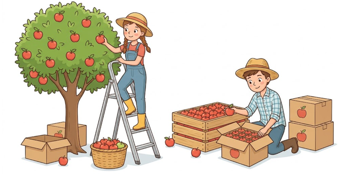 Tranh minh hoạ hai bạn thu hoạch táo và đóng thùng