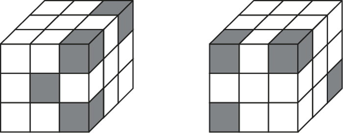Hai hình nhìn khối lập phương 3 × 3 × 3 từ hai hướng khác nhau, một số ô vuông trên các mặt có màu xám đen