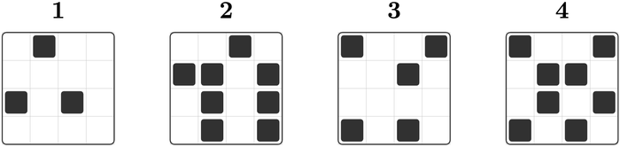Bốn bảng 4 × 4: bảng 1 tô 3 ô, bảng 2 tô 8 ô, bảng 3 tô 5 ô, bảng 4 tô 8 ô