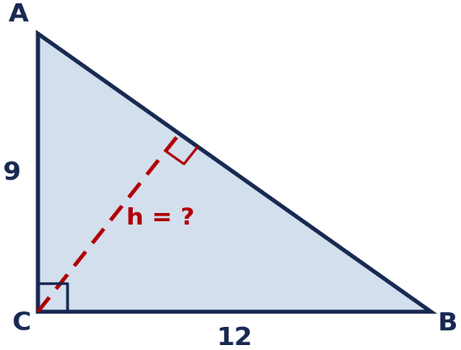 Tam giác ABC vuông tại C, CA = 9, CB = 12, đường cao h kẻ từ C xuống cạnh AB